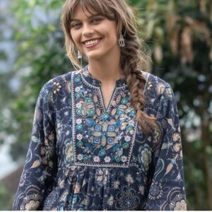 NOVICA "Celestial Day" Boho Granola Hippie Embroidered Empire Floral LS Midi XXL